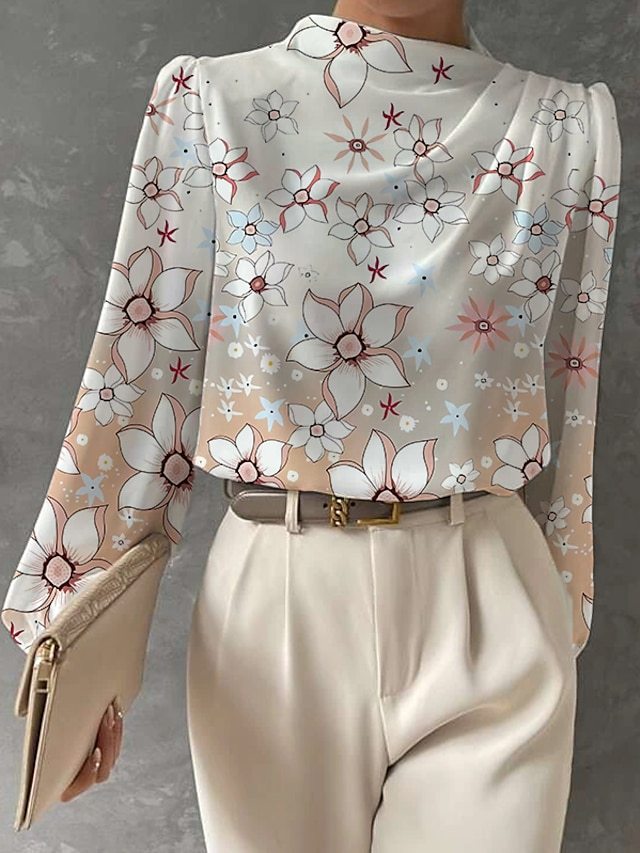 Chic Printed Top with Half High Collar and Lantern Sleeves