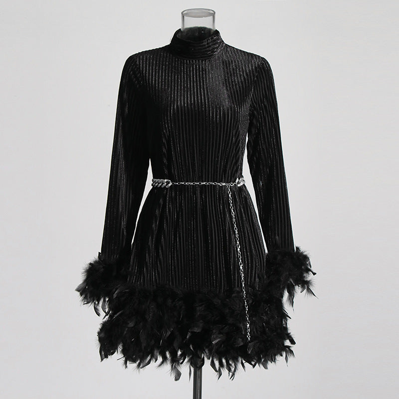 Retro Spring Stand Collar Dress with Long Sleeves and Chain Feather Detail