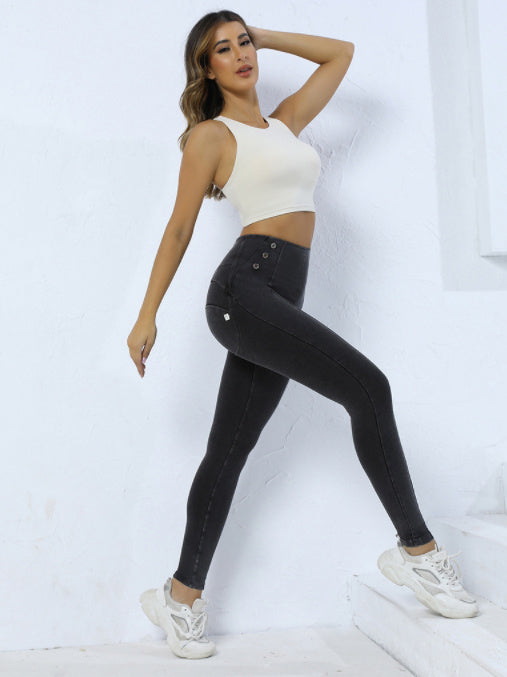 Hip-Lifting Skinny Yoga Pants with Side Buttons - Women’s Fitness Wear