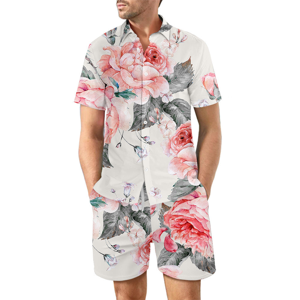 2-Piece Men's Summer Beach Outfit: Printed Loose Lapel Button-Up Shirt and Drawstring Pocket Shorts Casual Set