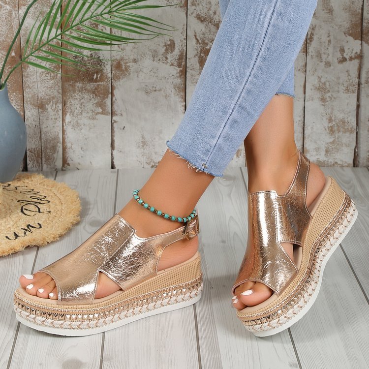 Glamorous Summer Wedge Sandals with Shiny Hollow Design and Buckle Closure