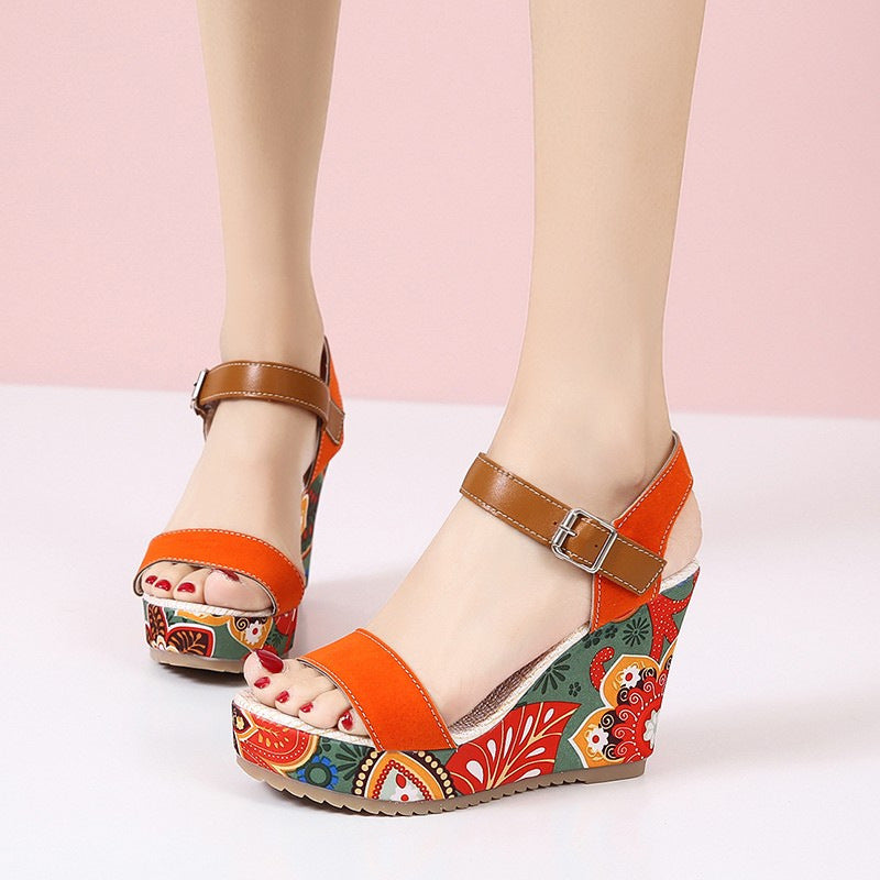 Elegant Floral Embroidered High Wedge Sandals with Buckle - Perfect for Summer