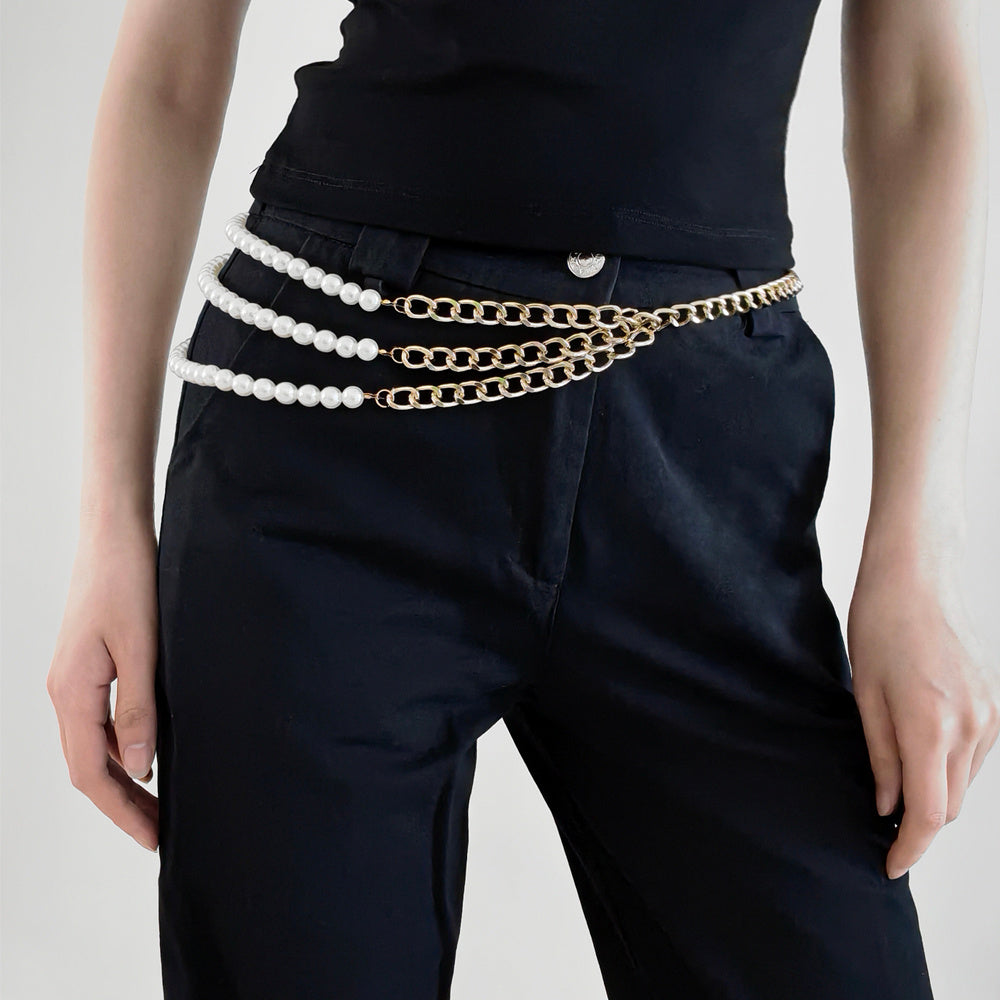 Elegant Waist Chain with Three-Layer Pearl Detail - Versatile Belt for Dresses and Shirts