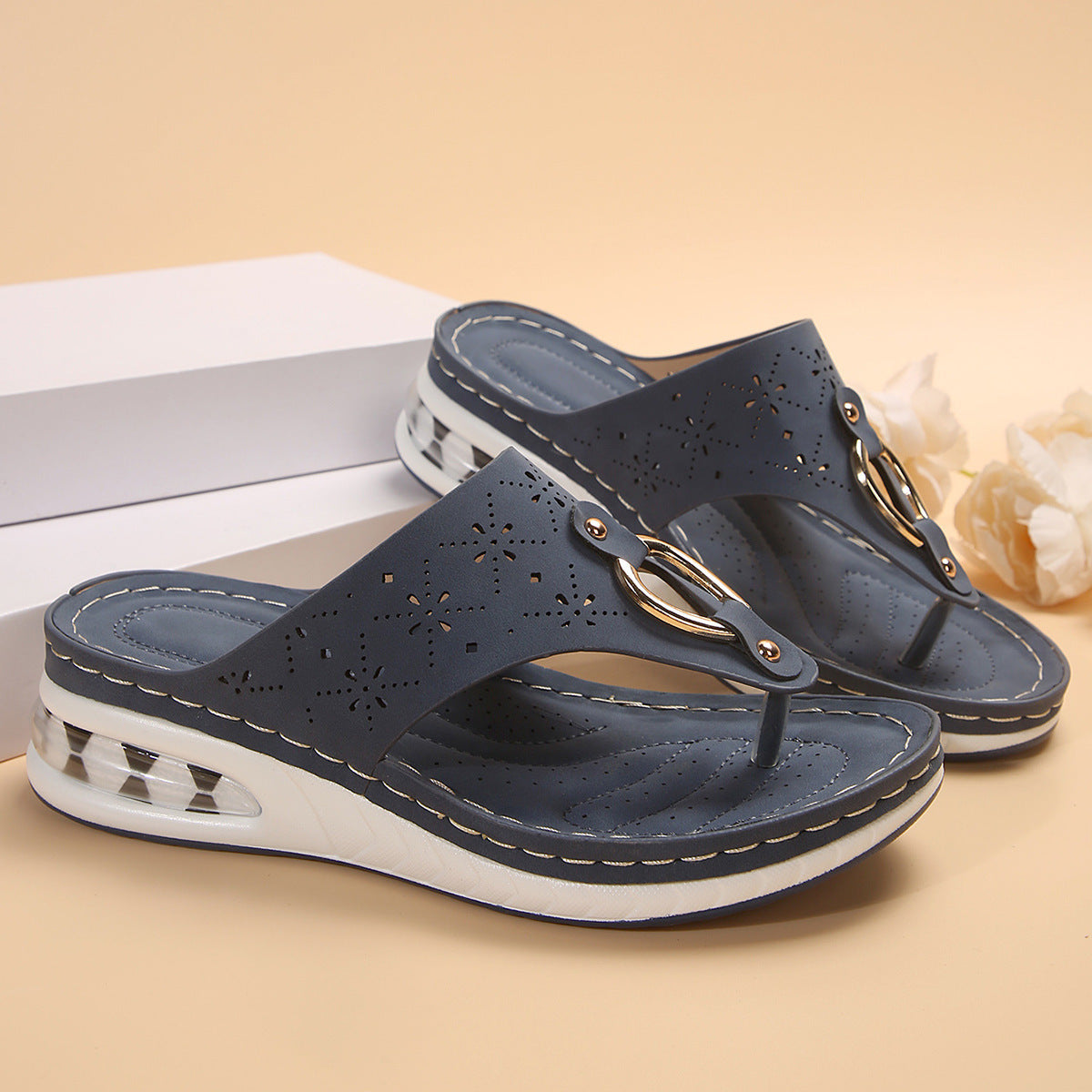 New Air Cushion Thong Sandals: Summer Flip Flops with Hollow Metal Buckle Wedges Shoes for Women