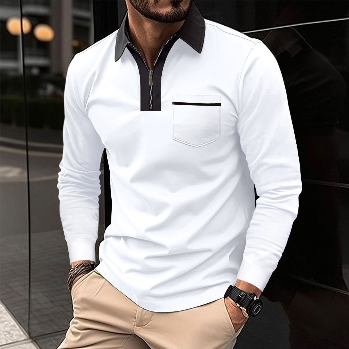 2024 Autumn Men’s Long Sleeve Zipper Polo Shirts - Casual Lapel Collar Henley Shirts with Pockets