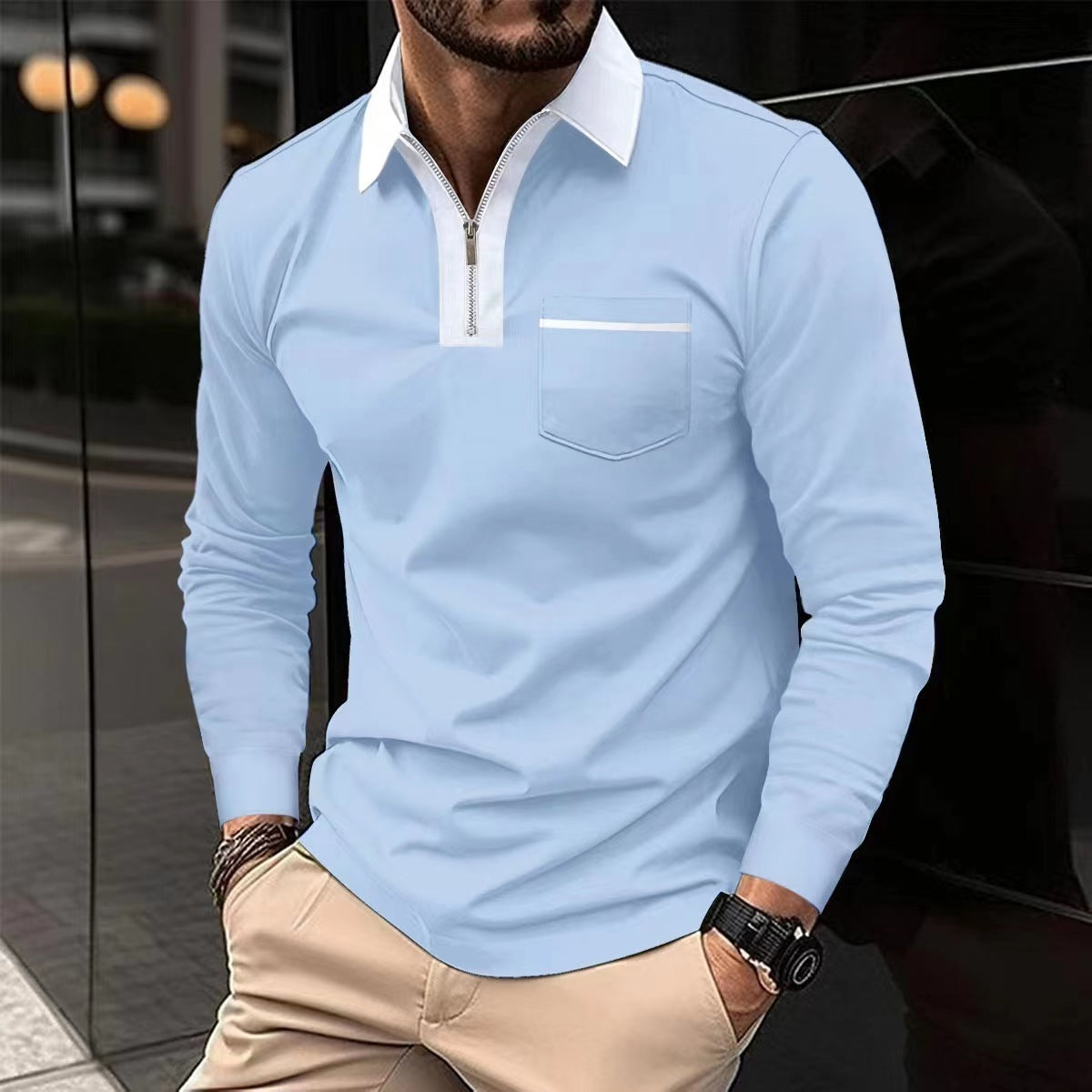 2024 Autumn Men’s Long Sleeve Zipper Polo Shirts - Casual Lapel Collar Henley Shirts with Pockets