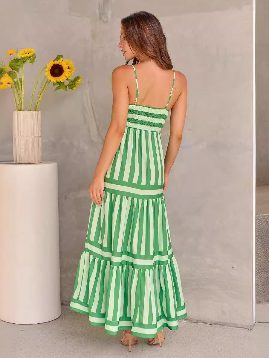 Summer Striped Suspender Maxi Dress with Pockets - Fashionable Square Neck Backless Beachwear for Women