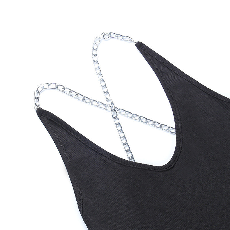 Chain Cross Backless V-neck Dress Women