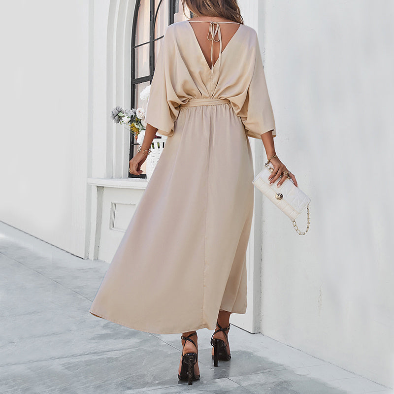 Elegant Flow: V-neck Bat Sleeve Maxi Dress with High Waist and Split Design