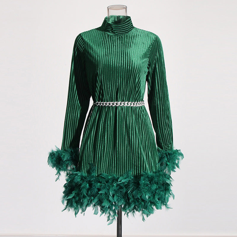 Retro Spring Stand Collar Dress with Long Sleeves and Chain Feather Detail