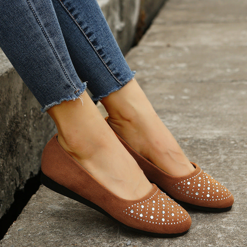 Women’s Rhinestone-Embellished Round Toe Loafers - Fashionable and Cozy Casual Flats