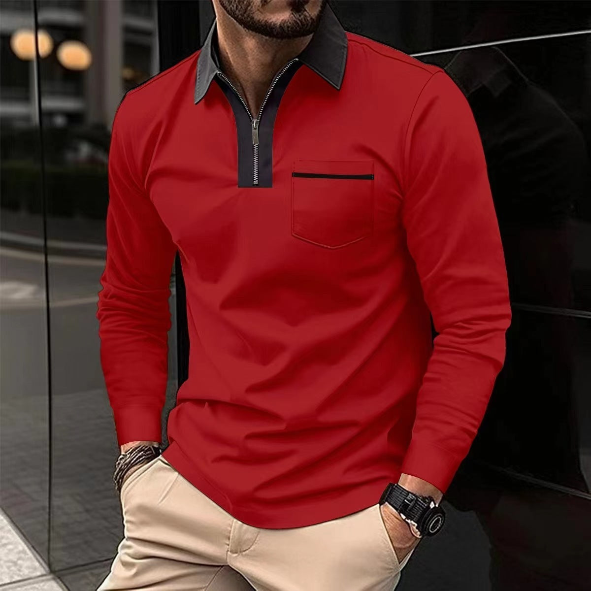 2024 Autumn Men’s Long Sleeve Zipper Polo Shirts - Casual Lapel Collar Henley Shirts with Pockets