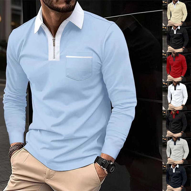 2024 Autumn Men’s Long Sleeve Zipper Polo Shirts - Casual Lapel Collar Henley Shirts with Pockets