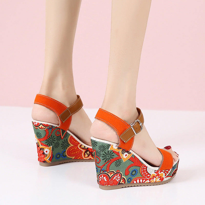 Elegant Floral Embroidered High Wedge Sandals with Buckle - Perfect for Summer