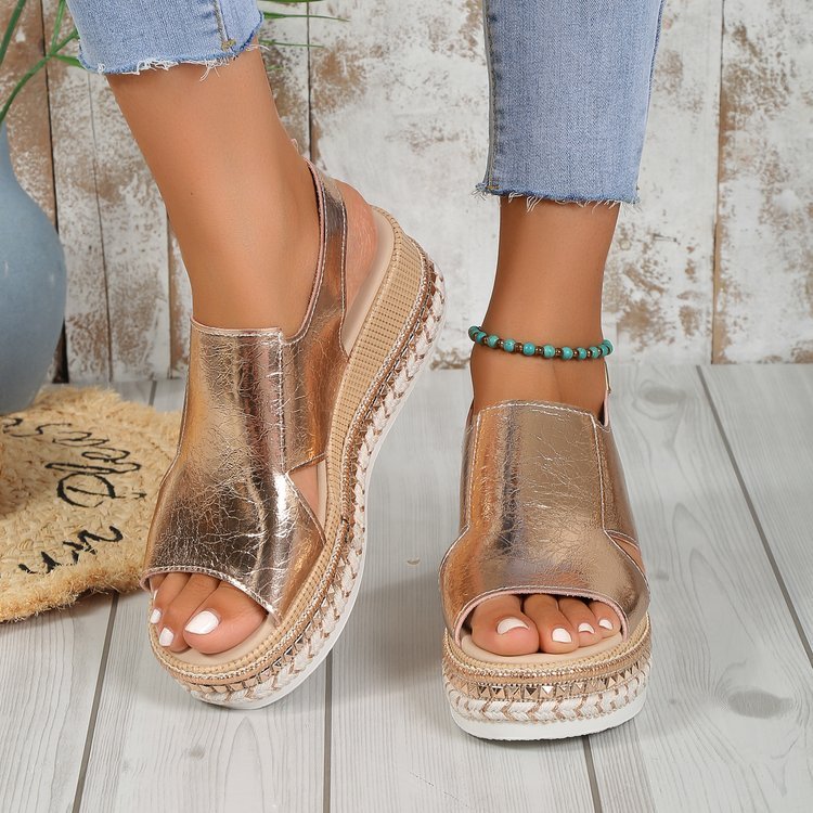 Glamorous Summer Wedge Sandals with Shiny Hollow Design and Buckle Closure