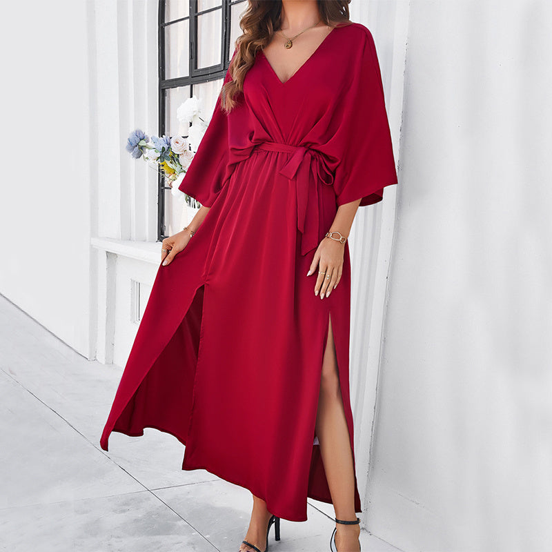 Elegant Flow: V-neck Bat Sleeve Maxi Dress with High Waist and Split Design