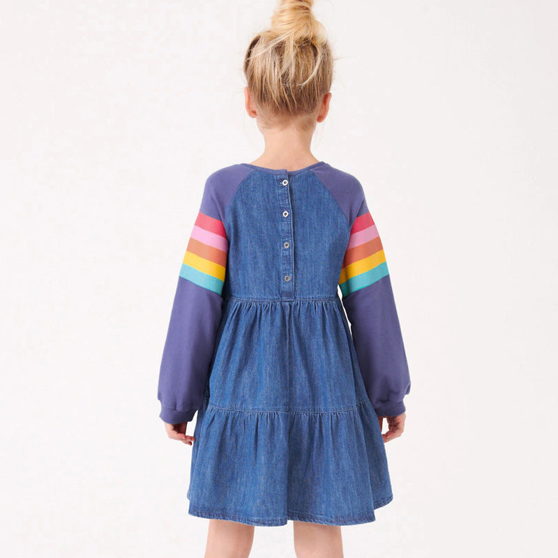 Children Denim Cotton Rainbow Long Sleeve Dress