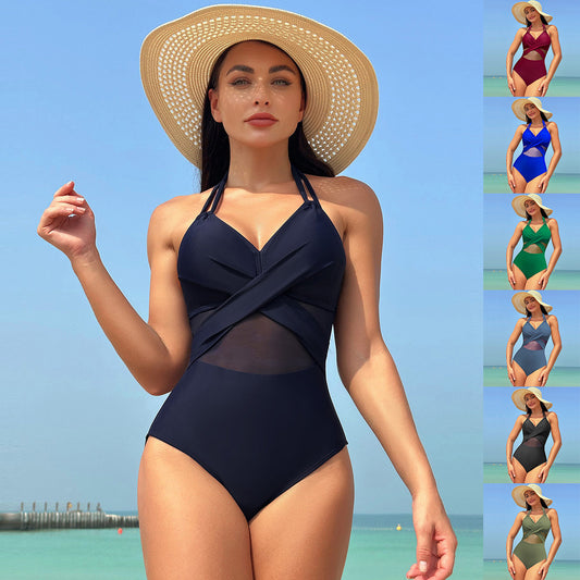 Halter-Neck Cross-Strap Mesh One-Piece Swimsuit - Elegant Solid Color Bikini for Summer Beach Vacations Women's Clothing