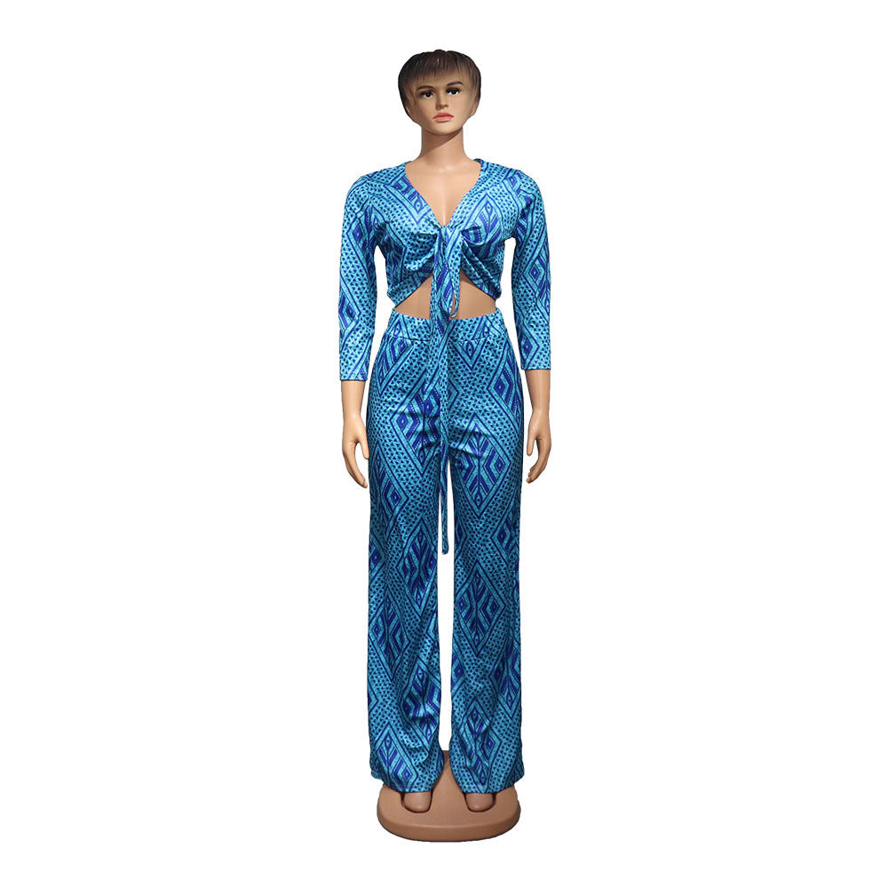 African Women Fashion Tops and Pants Set: Blue Polyester Outfit in Sizes M, L, XL