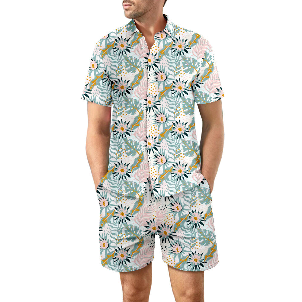 2-Piece Men's Summer Beach Outfit: Printed Loose Lapel Button-Up Shirt and Drawstring Pocket Shorts Casual Set