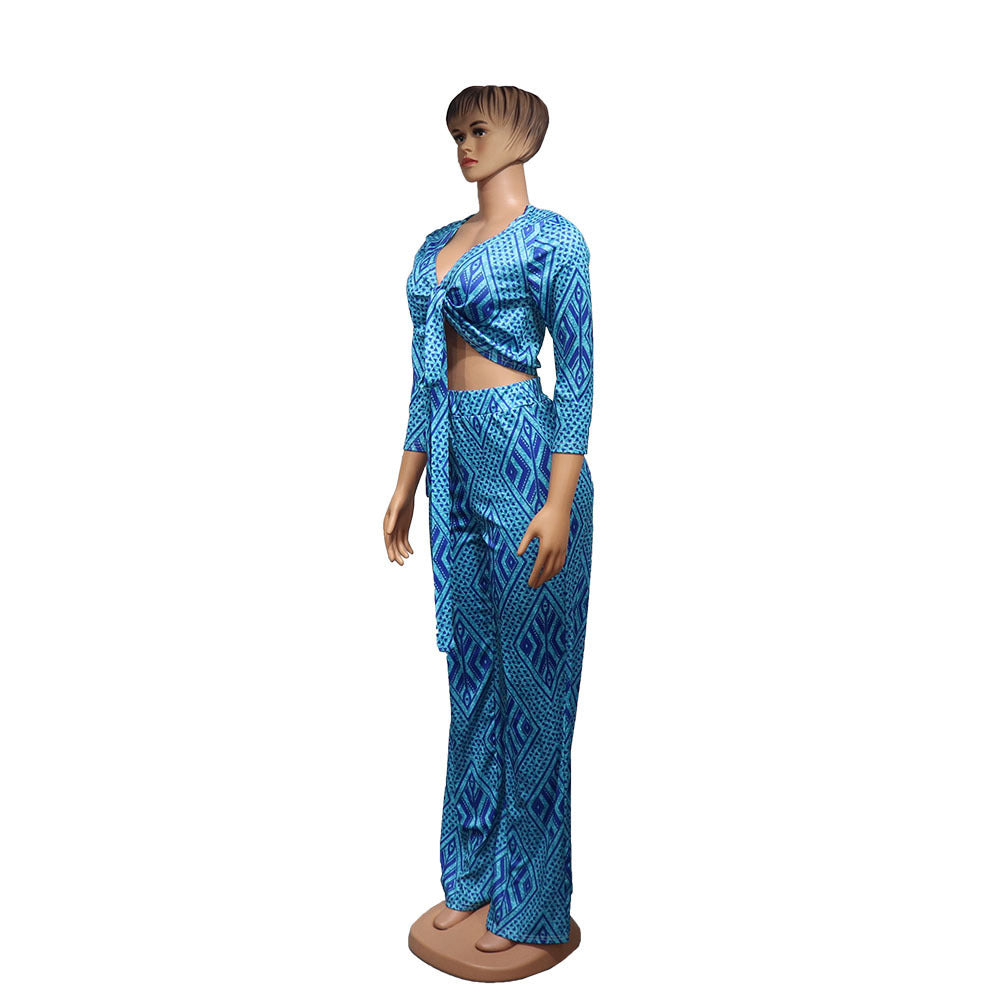 African Women Fashion Tops and Pants Set: Blue Polyester Outfit in Sizes M, L, XL