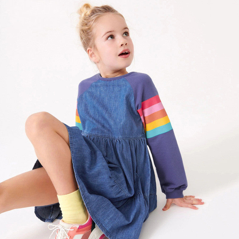 Children Denim Cotton Rainbow Long Sleeve Dress