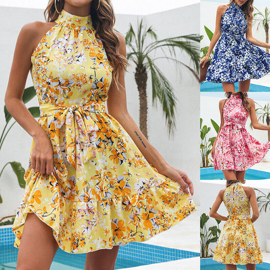 Summer Floral Print Halterneck Dress - Fashion Lace-up Ruffled Dresses for Women