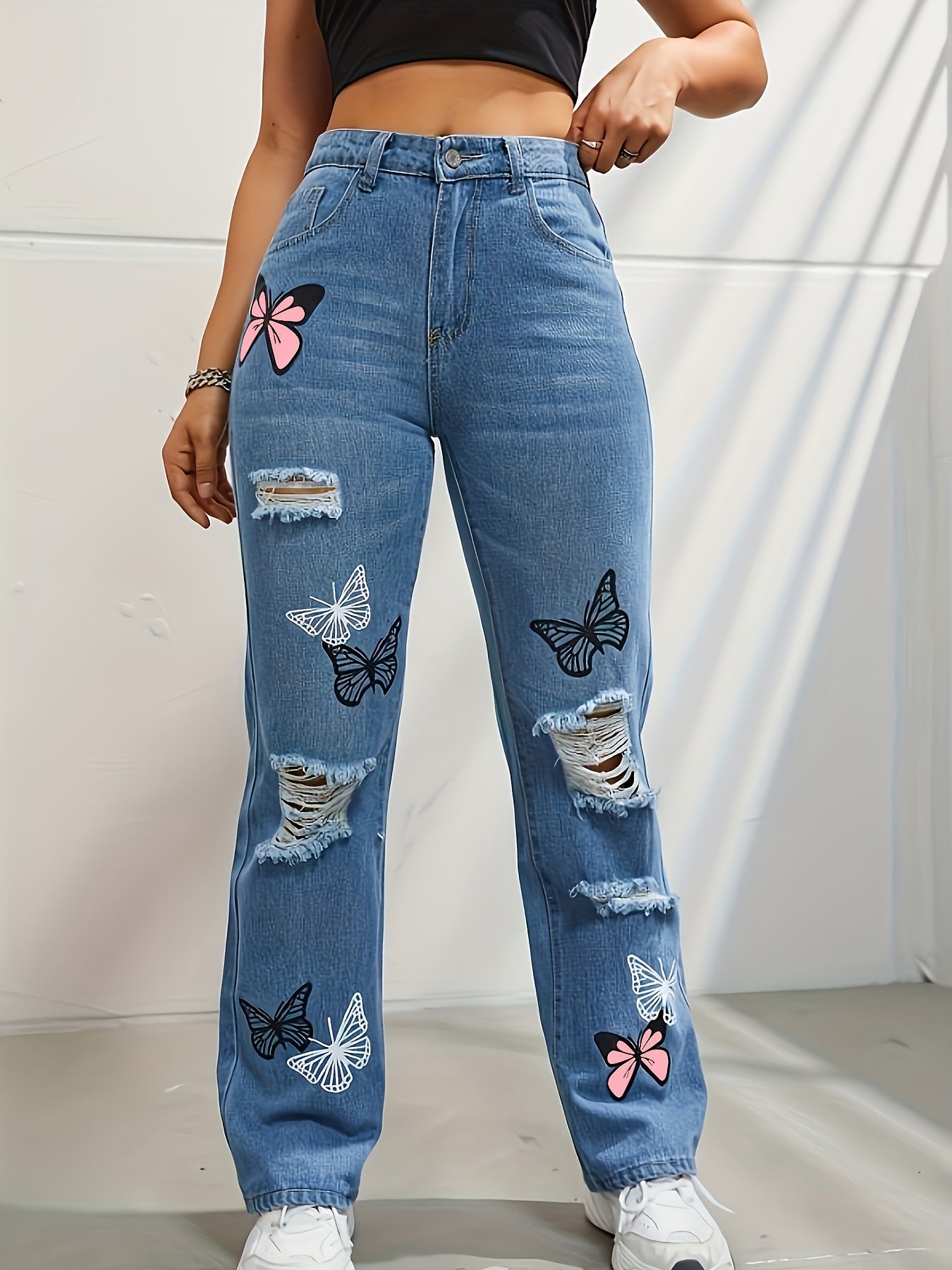 High Waisted Straight Leg Jeans For Women - Trendy Butterfly Print Ripped Distressed Denim