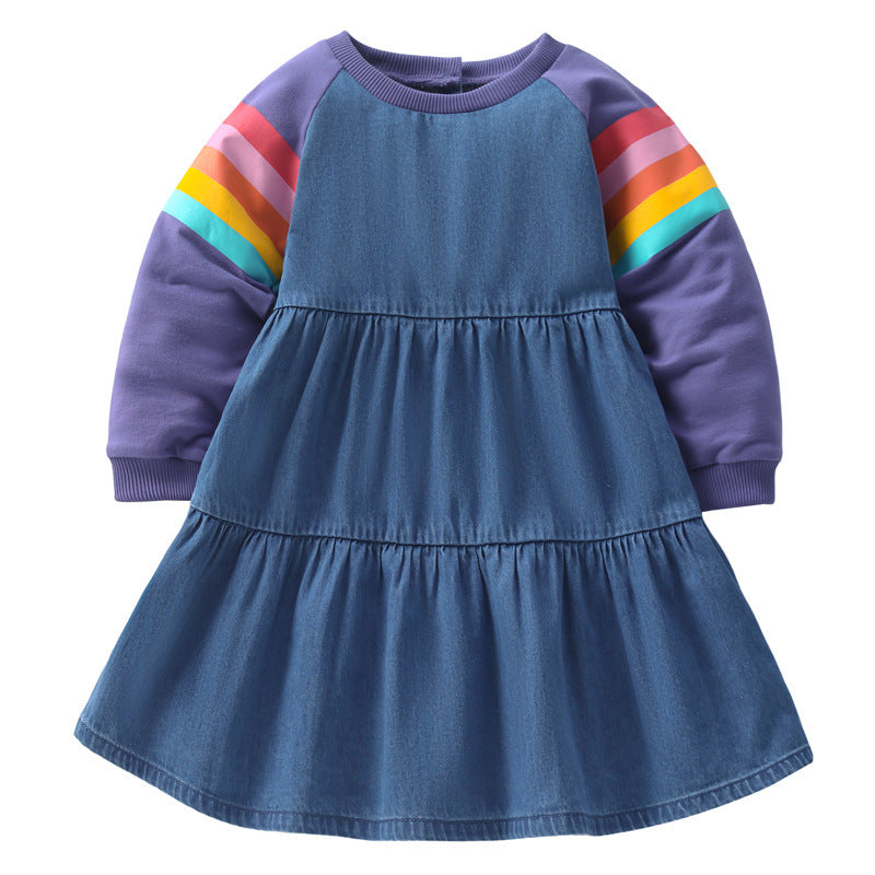 Children Denim Cotton Rainbow Long Sleeve Dress