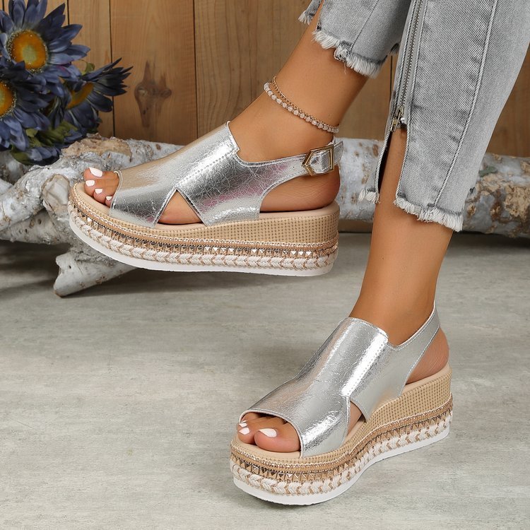 Glamorous Summer Wedge Sandals with Shiny Hollow Design and Buckle Closure