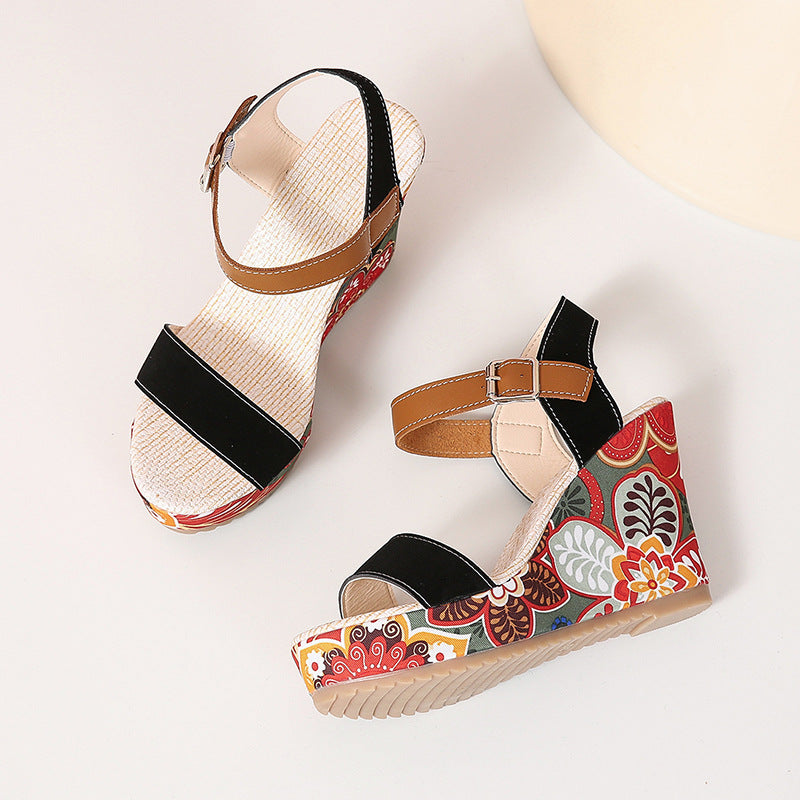 Elegant Floral Embroidered High Wedge Sandals with Buckle - Perfect for Summer