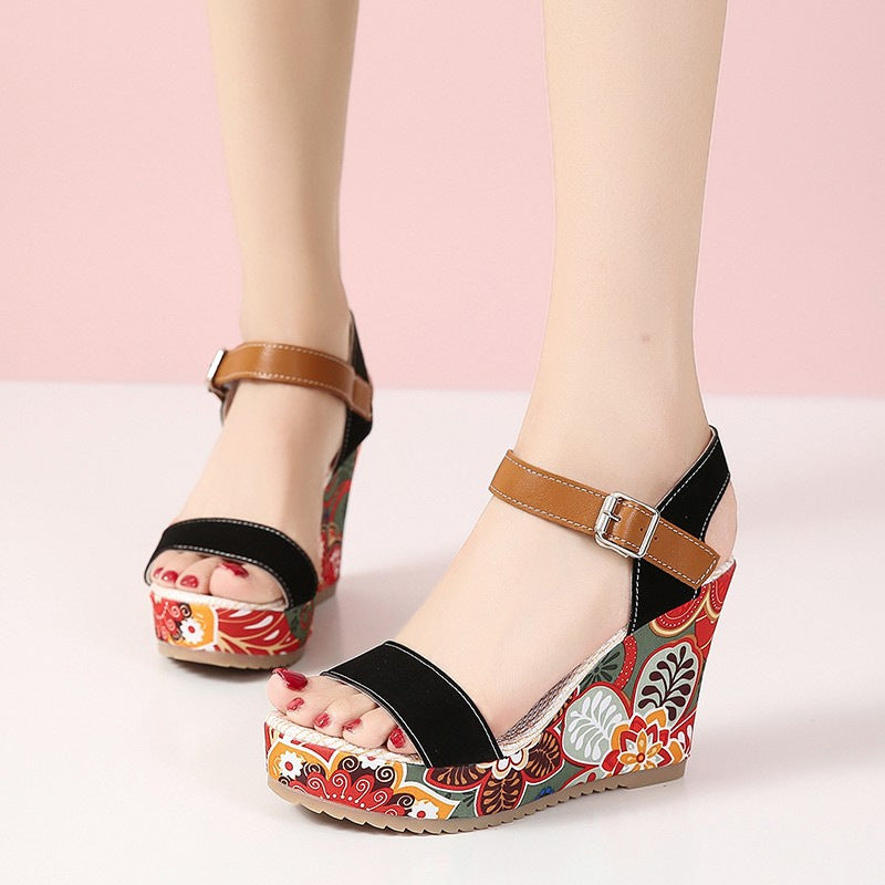 Elegant Floral Embroidered High Wedge Sandals with Buckle - Perfect for Summer