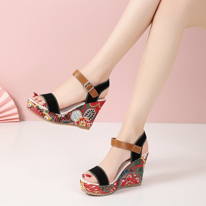 Elegant Floral Embroidered High Wedge Sandals with Buckle - Perfect for Summer