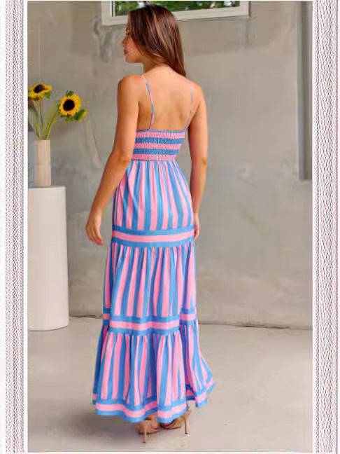 Summer Striped Suspender Maxi Dress with Pockets - Fashionable Square Neck Backless Beachwear for Women