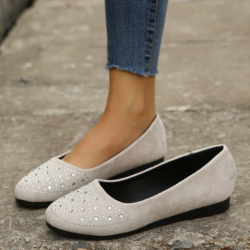 Women’s Rhinestone-Embellished Round Toe Loafers - Fashionable and Cozy Casual Flats