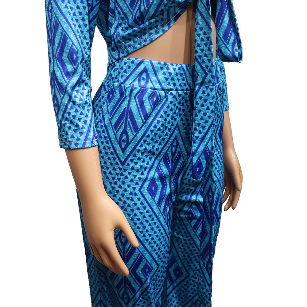 African Women Fashion Tops and Pants Set: Blue Polyester Outfit in Sizes M, L, XL