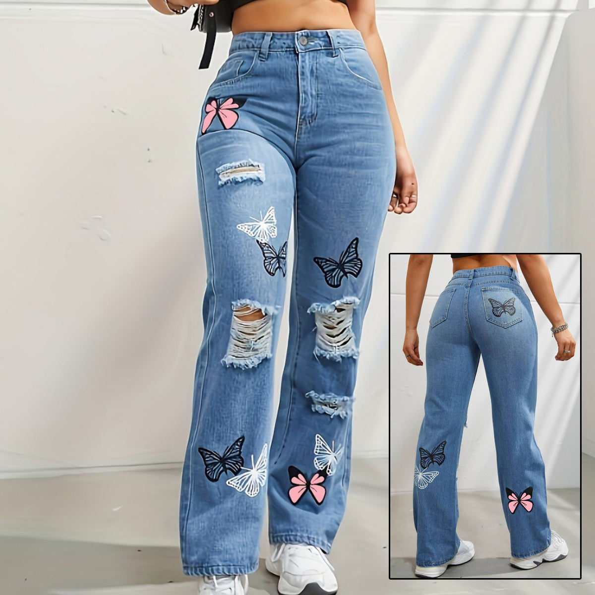 High Waisted Straight Leg Jeans For Women - Trendy Butterfly Print Ripped Distressed Denim