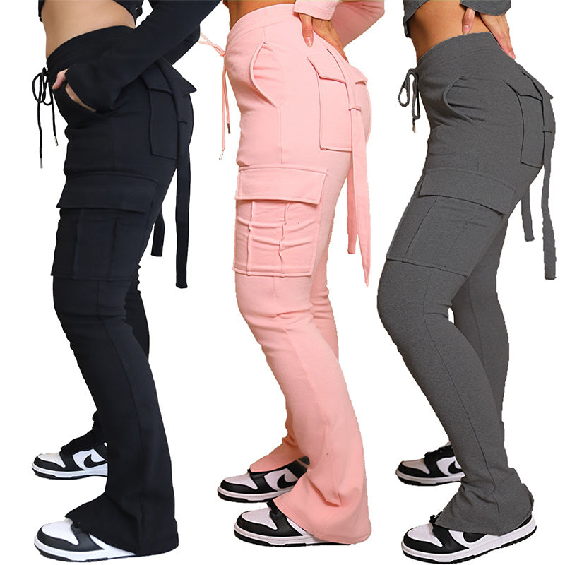 High Waist Cargo Pants for Women: Drawstring, Wide Leg, and Stylish with Pockets