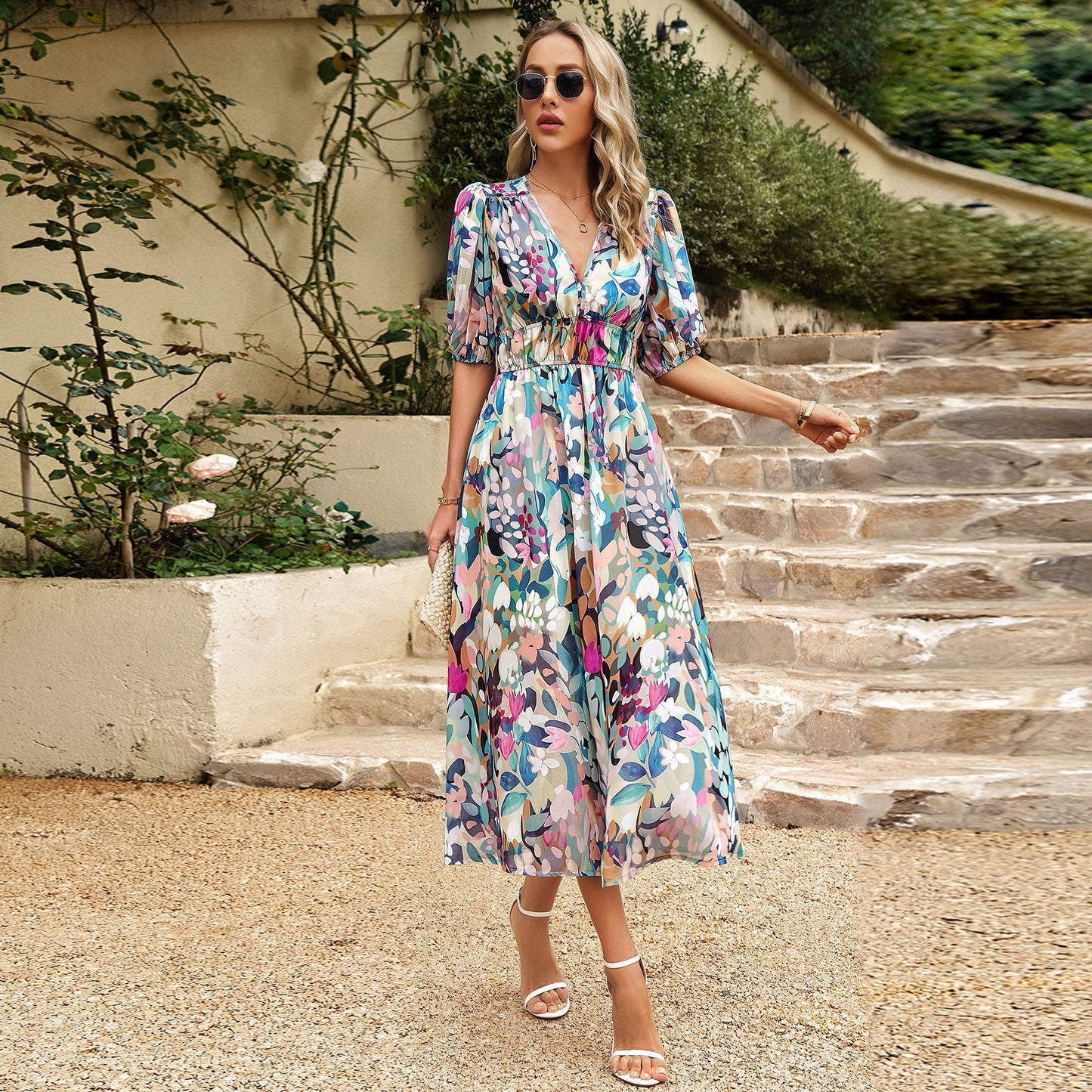 Summer Breeze: V-neck Printed Maxi Dress - Your Perfect Beach Vacation Outfit