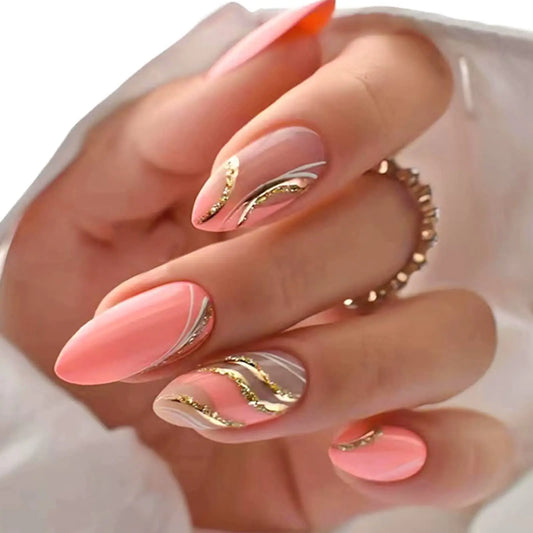 YOSOMK Press on Nails Medium Almond Fake Nails with Swirl Designs Glossy Stick on Artificial Nails Glitter Sequins Full Cover Pink False Nails for Women Orange pink